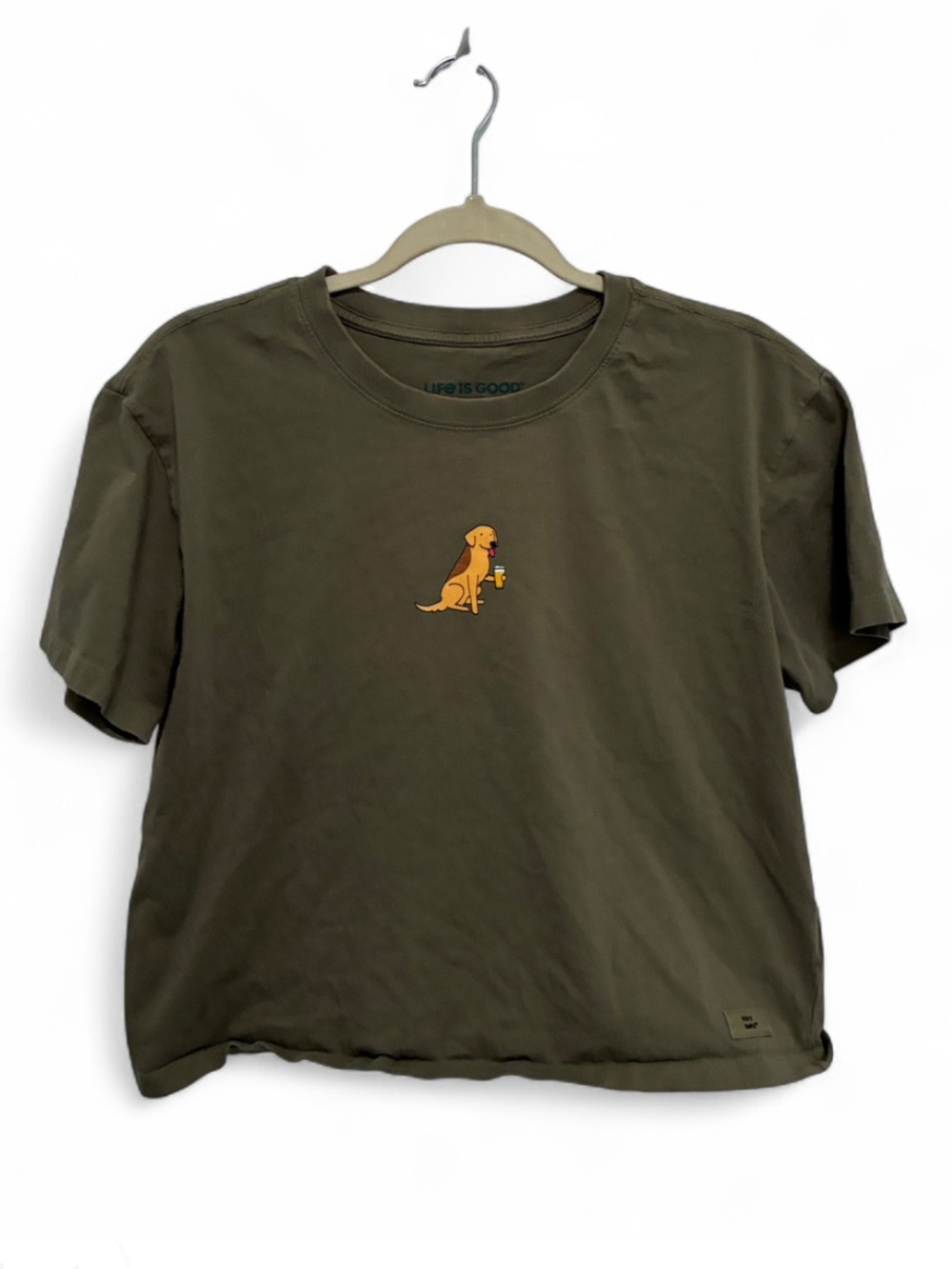 Life is Good Dog Holding Beer Graphic Green Cropped Short Sleeve Tee Shirt